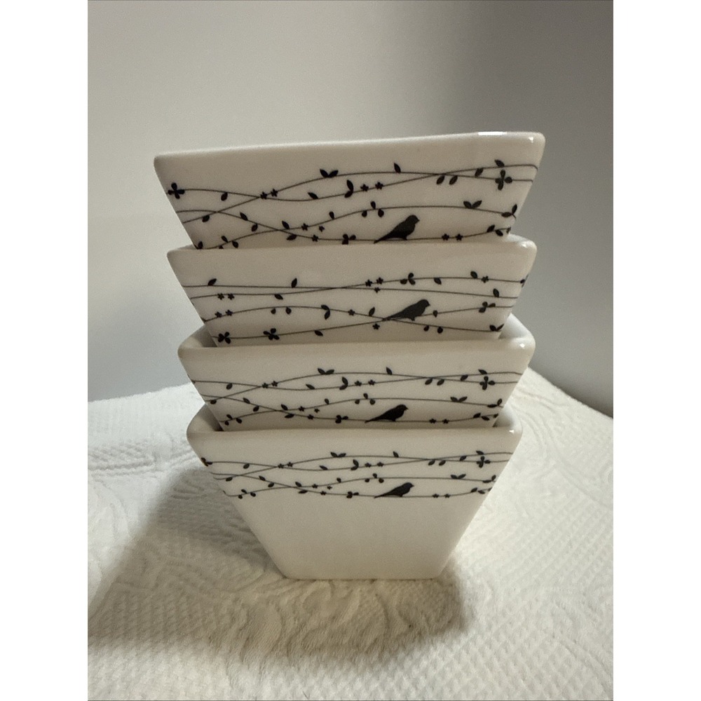 Ciroa Oiseau Black Square Appetizer Bowls Set of 4 Birds Vines Porcelain